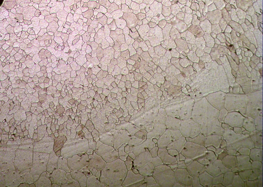 Austenitic 300-series stainless steel microstructure showing equiaxed grains and annealing twins after Carpenter's etch